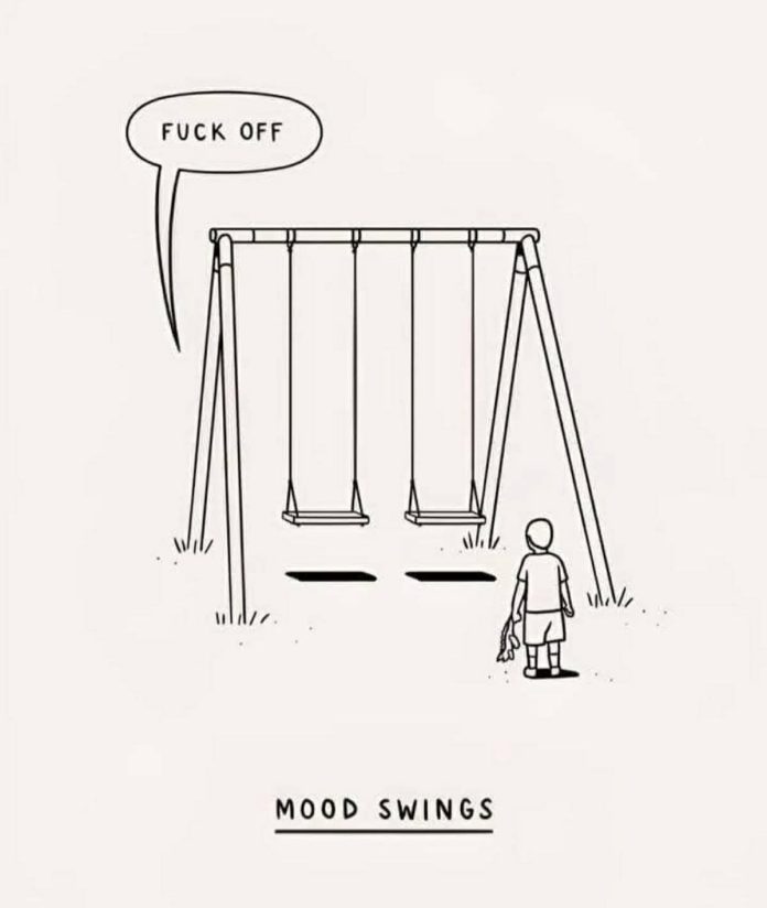 Cartoon of a swing set with a child nearby; a speech bubble reads 'FUCK OFF' and the caption 'MOOD SWINGS'.