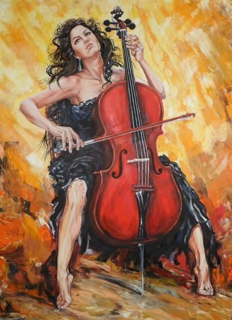 Painterly portrait of a woman in a black dress passionately playing a red cello, bow in motion, against a fiery orange-yellow background.