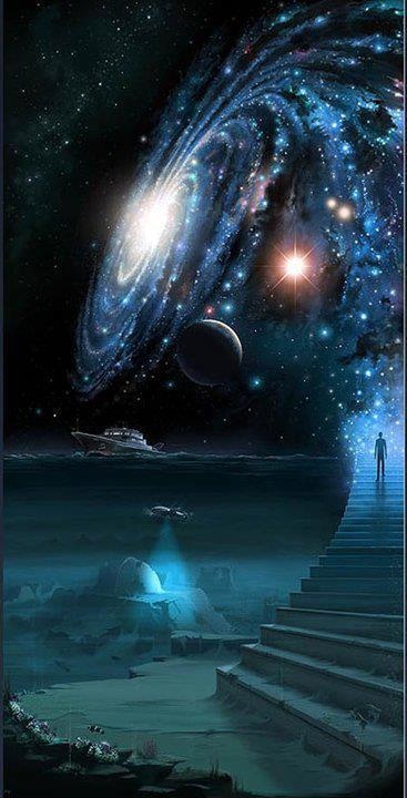 A surreal sci-fi scene: a spiraling galaxy dominates the sky, a lone figure stands on a staircase reaching toward space, with a distant ship on calm water below.